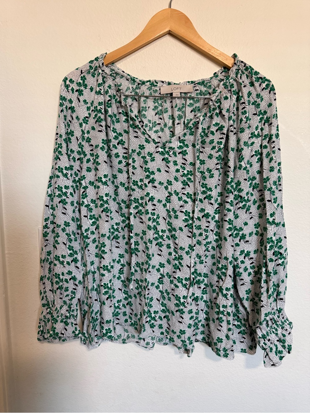 LOFT White Blouse with Green Floral Print
